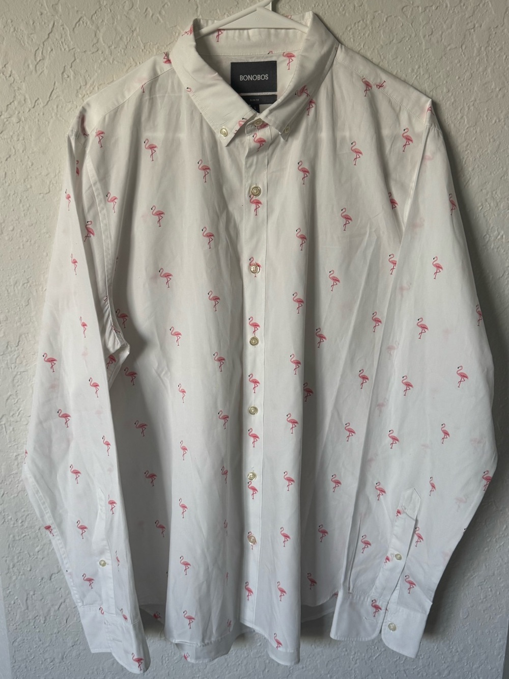 Bonobos White Button-Down Shirt with Pink Flamingo Print